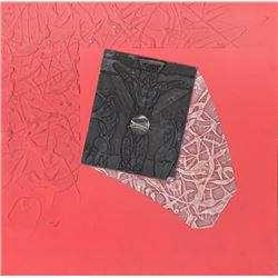 Martin Barooshian, Crucifixion on Red, Acrylic and Collaged Printing Plate