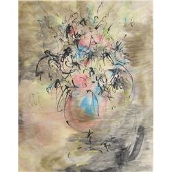 Bettin, Vase of Flowers, Ink and Watercolor Painting