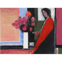 Jose Canes, Woman in Red with Flowers, Acrylic and Pastel Drawing