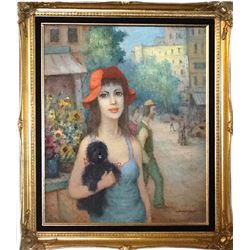 Hajnacka Szarka, Woman in Red Hat with Black Dog, Oil Painting