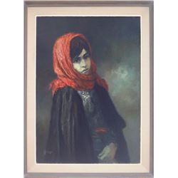 William Weintraub, Portrait of Woman in Red Scarf, Oil Painting