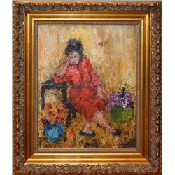 Mildred Barrett, Portrait of Woman in Red Dress, Oil Painting