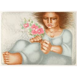 Jorge Dumas, Figura con flores, Lithograph