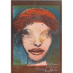 Leonel Gongora, Portrait of a Woman with Red Hat, Lithograph