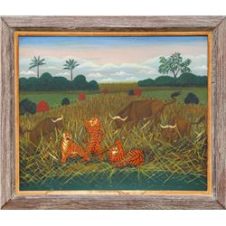 Lawrence Lebduska, Tigers Hunting Water Buffalo, Oil Painting