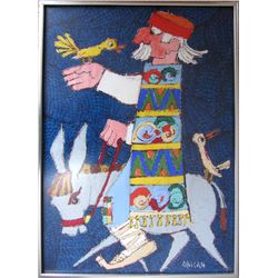 Jovan Obican, Man on Donkey, Acrylic on Board
