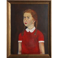 Portrait of Girl with Braids in Red Dress, Oil Painting