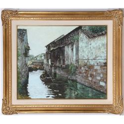 Xue Jian Xin, Boat in Village Canal, Oil Painting
