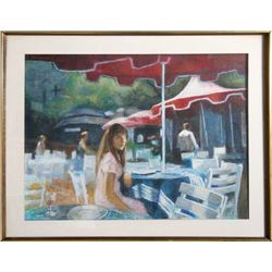 Thomas Strickland, Girl Under Red Umbrella, Acrylic Painting