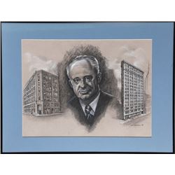 Tom Dennehy, Portrait of a Man, Flat Iron Buildings NYC, Charcoal and Pastel Drawing