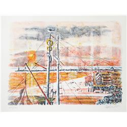 Georges Schreiber, Sunset View Through Masts, Lithograph