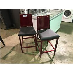 PAIR OF METALLIC CANDY APPLE RED METAL AND BLACK LEATHER MODERN 28" BAR STOOLS