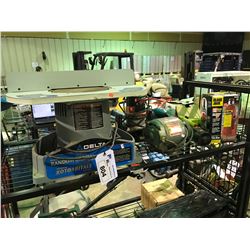 SHELF WITH DELTA RANDOM ORBITAL SAW , CRAFTSMAN ROUTER , MAKITA PALM SANDER, JOBMATE SANDER, 12 TON