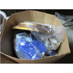 LARGE BOX OF ASSORTED GOODS (ATOMIC WALL CLOCK, LINEN, ASSORTED MISC)