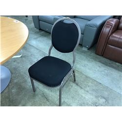 STACK OF 10 BLACK CLOTH BACK AND BROWN METAL FRAME, GANGABLE STACKING CHAIRS