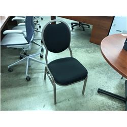 STACK OF 10 BLACK CLOTH BACK AND BROWN METAL FRAME, GANGABLE STACKING CHAIRS