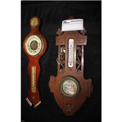 PAIR OF CARVED WOOD THERMOMETER AND BAROMETER / THERMOMETER