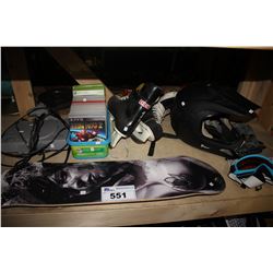 SHELF LOT INCLUDING SKATEBOARD DECK, HELMET, GOGGLES, ICE SKATES, PLAYSTATION, GAMES AND MORE