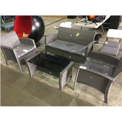 PATIO FLARE 4 PIECE OUTDOOR CHAT SET - LOVE SEAT, 2 CHAIRS & COFFEE TABLE (IN BOX)