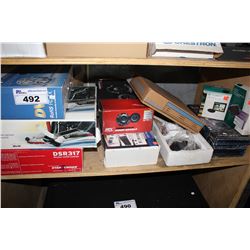 SHELF LOT OF SOUND SYSTEMS, RECEIVERS, DVR, AND MORE