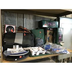 SHELF LOT OF ASSORTED AQUAURIUMS, BINOCULARS, ROOMBA & MORE