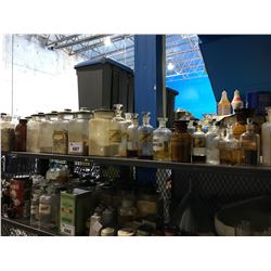 SHELF LOT OF ASSORTED ANTIQUE JARS, SOLUTION BOTTLES