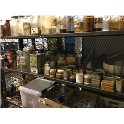 SHELF LOT OF ASSORTED JARS, BOTTLES, CANS & TINS