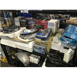 SHELF LOT OF ASSORTED SPEAKER COVERS, VEHICLE ACCESSORIES & MORE