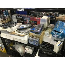 SHELF LOT OF ASSORTED SPEAKER COVERS, VEHICLE ACCESSORIES & MORE