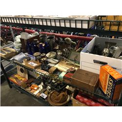 SHELF LOT OF ANTIQUE COLLECTABLES: BOTTLES, BOXES, DISHWARE & MORE