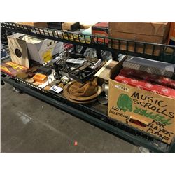 SHELF LOT OF ANTIQUE COLLECTABLES: MUSIC SCROLLS, GAMES, TOOLS & MORE