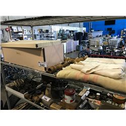 SHELF LOT OF ANTIQUE COLLECTABLES: WALLPAPER, BLANKET & MORE