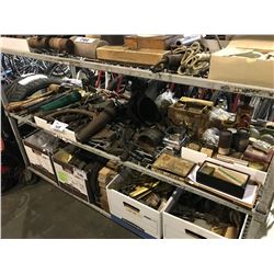 SHELF LOT OF ANTIQUE COLLECTABLES: TOOLS, TINS & MORE