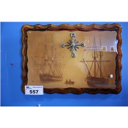 RECTANGLE WOODEN CARVED CLOCK WITH SHIP MOTIF