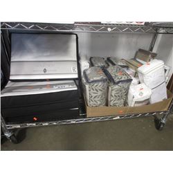 BOX OF BED SKIRTS/WINDOW PANELS/FITTED SHEETS/LINERS/SWAGS/4 PACKAGES OF TABLE CLOTHES/ETC