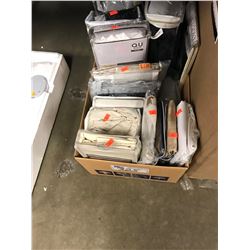 BOX OF GROMMENT PANELS, EURO SHAMS, QUEEN FLAT SHEET, CURTAIN PANELS, MICROFIBER TABLE CLOTH, TWIN