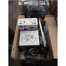BASKET & HELMET, ADJUSTABLE BIKE WALL HANGER, GLOVES, BATTERIES, LOCK, MISC