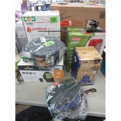 CAMPLUX PORTABLE TANKLESS GAS WATER HEATER, TETON ULTRA LIGHT SLEEPING BAG, STOCK POT, PUMP, COFFEE