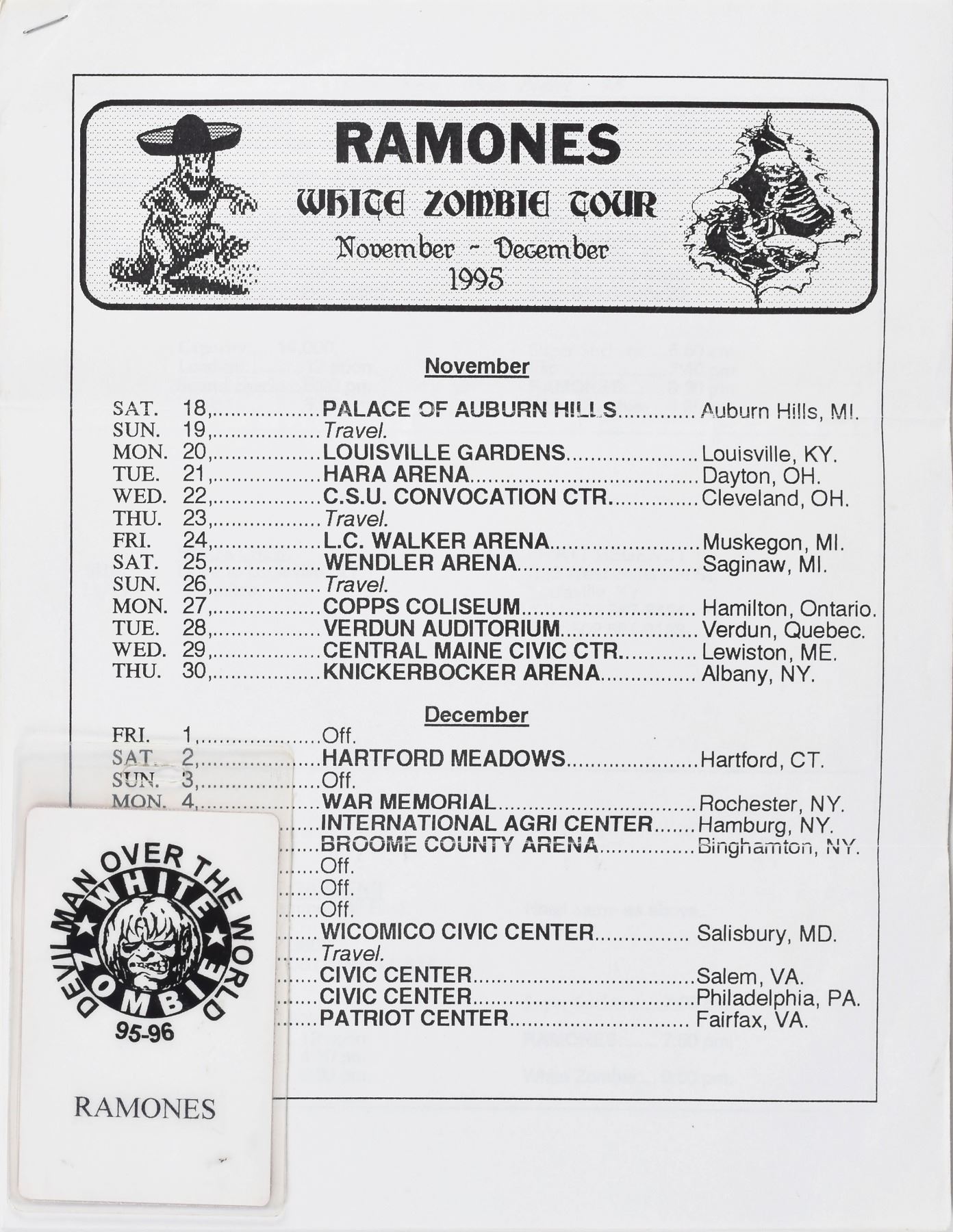 The Ramones And White Zombie 1995 Tour Itinerary And Backstage Pass The Ramones And White Zombie 1995 Tour Itinerary And Backstage Pass