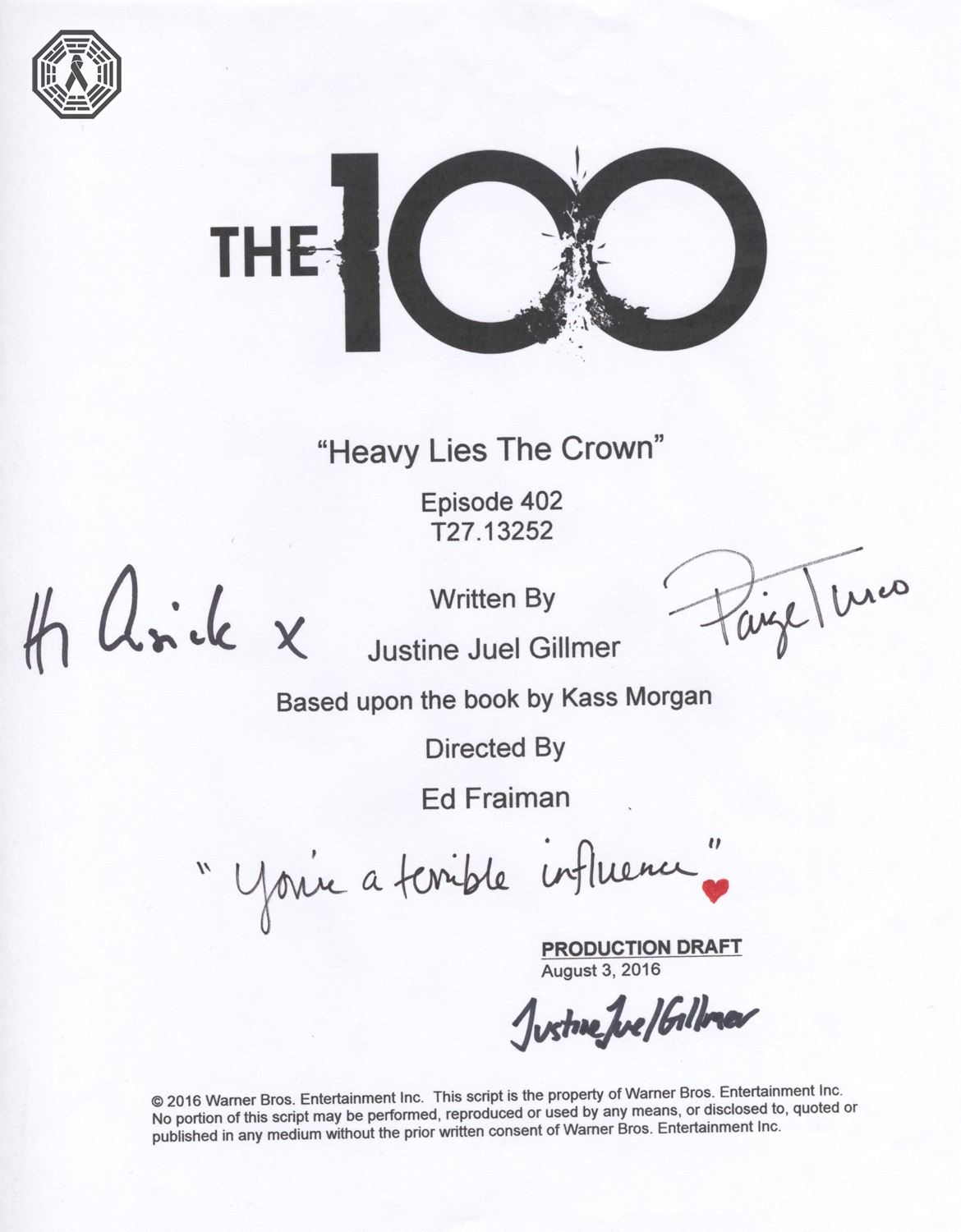 100 The Season 4 Script Cover Signed By P Turco H I Cusick