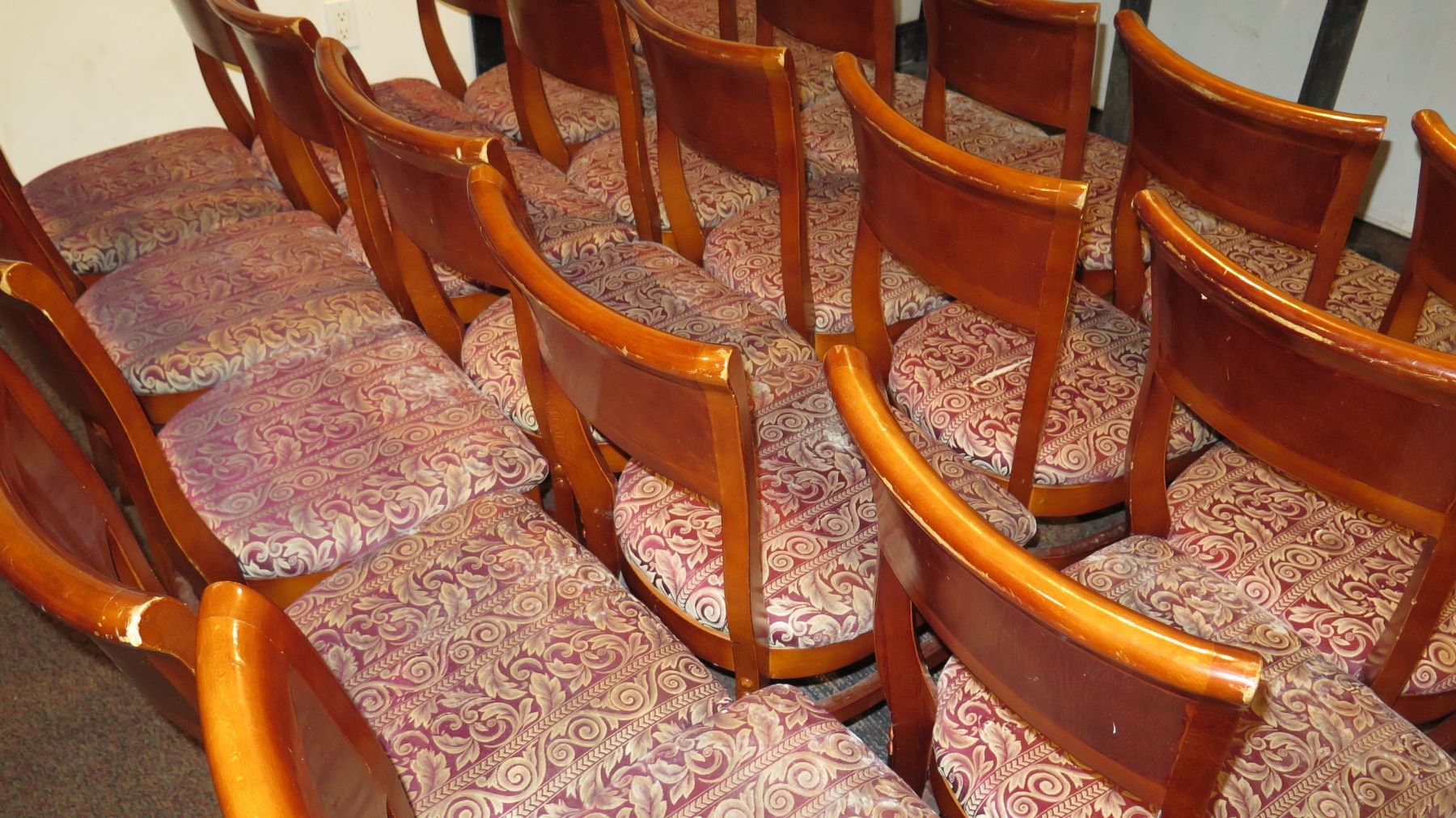 Approx. 21 Wooden Dining Chairs w/ Red/Tan Upholstered Seats - Oahu