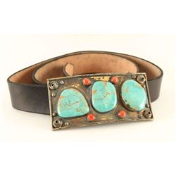 Large Navajo Belt Buckle with Kingman Turquoise