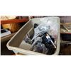 Image 1 : TOTE OF BRASS SHUTOFF VALVES PLUMBING OVERFLOW TRIM KITS SHOWER DRAINS AND FAUCET CONNECTOR HOSES