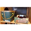 Image 1 : BASKET W/ VINTAGE TINS GRANITE WARE AND GLASSWARE