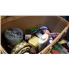 Image 2 : BASKET W/ VINTAGE TINS GRANITE WARE AND GLASSWARE