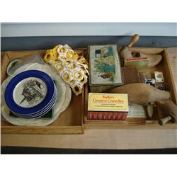 TWO WOOD TRAYS OF ASSORTED VINTAGE ITEMS AND COLLECTIBLES