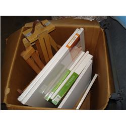 LOT OF NEW CANVAS AND THREE ARTIST EASELS