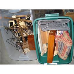 TWO TOTES OF ASSORTED DISPLAY RACKS SHADOW BOX ETC