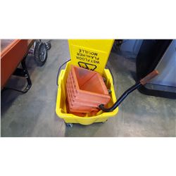 MOP BUCKET WITH WRINGER AND WET FLOOR SIGN