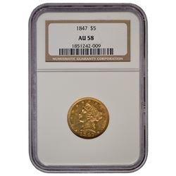 1847 $5 Liberty Head Half Eagle Gold Coin NGC AU58